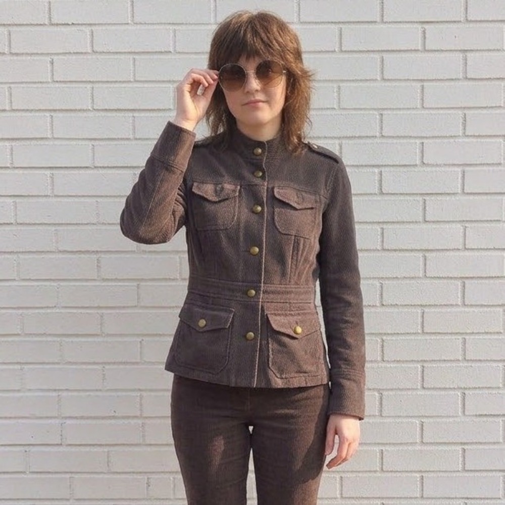 Esprit Military Jacket Womens 6 Brown Corduroy Button Utility Safari Earthy Coat